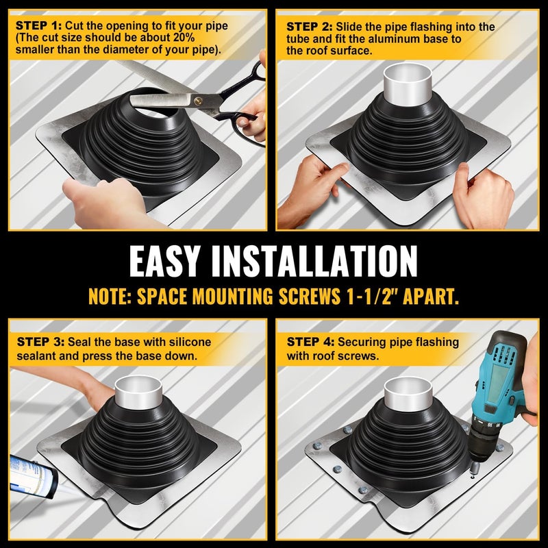 VIVIDA #6 Metal Roof Pipe Flashing, Metal Roofing Pipe Boot Kit, High Temp Silicone Vent Boot, for Tube OD 4-3/4" to 10", Square Base, Screws & Hex Socket Included, 1 Pack, Black - Image 5